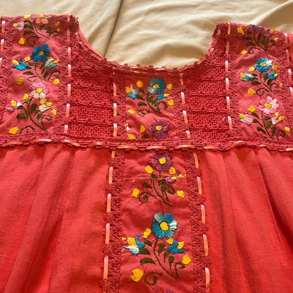 Mexican embroidered pull over blouse with ribbon embellishments One size